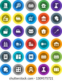 White Solid Icon Set- plunger vector, cleaner trolley, car fetlock, window cleaning, iron, sink, woman, oven, university, warehouse, key, chalet, estate document, sale signboard, rooms, sold, search