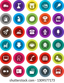 White Solid Icon Set- plunger vector, cleaner trolley, bbq, cereal, potato, table lamp, award cup, arrow down, safe, stadium, jump rope, target, shuttlecock, phone, car, microphone, monitor, group