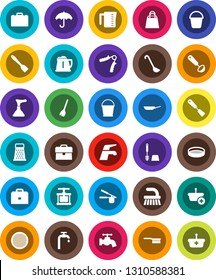 White Solid Icon Set- plunger vector, broom, water tap, fetlock, bucket, toilet brush, pan, kettle, measuring cup, cook press, spatula, ladle, grater, sieve, case, hand trainer, umbrella, supply