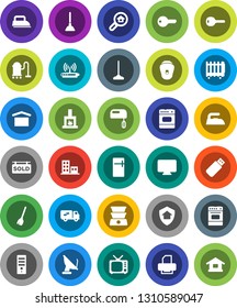 White Solid Icon Set- plunger vector, broom, vacuum cleaner, mop, iron, oven, dry cargo, tv, sold signboard, apartments, search estate, key, relocation truck, fireplace, home protect, fridge, mixer