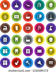 White Solid Icon Set- plunger vector, scraper, fetlock, mop, scoop, towel, trash bin, window cleaning, welcome mat, bath, toilet, washer, shining, paper, shower, tooth, implant, windmill, epilator