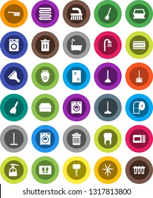 White Solid Icon Set- plunger vector, scraper, broom, fetlock, mop, scoop, sponge, trash bin, window cleaning, welcome mat, bath, washer, liquid soap, toilet paper, towel, tooth, implant, windmill