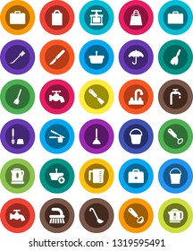 White Solid Icon Set- plunger vector, broom, fetlock, bucket, water tap, car, toilet brush, measuring cup, cook press, whisk, spatula, ladle, case, umbrella, scalpel, supply, shopping bag, basket