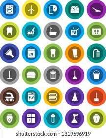 White Solid Icon Set- plunger vector, scraper, cleaner trolley, fetlock, mop, scoop, bucket, sponge, towel, trash bin, welcome mat, bath, washer, shining window, toilet paper, shower, tooth