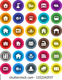 White Solid Icon Set- plunger vector, fetlock, sponge, iron, house hold, microwave oven, university, school building, warehouse, home, key, chalet, garage, sale signboard, sold, apartments, hood