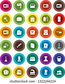 White Solid Icon Set- plunger vector, vacuum cleaner, fetlock, mop, bucket, sponge, car, washing powder, kettle, microwave oven, double boiler, fridge, mixer, coffee maker, multi cooker, blender