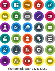 White Solid Icon Set- plunger vector, cleaner trolley, fetlock, mop, sponge, car, window cleaning, welcome mat, iron, sink, oven, school building, university, house, chalet, garage, estate document