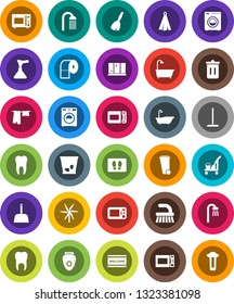 White Solid Icon Set- plunger vector, cleaner trolley, broom, fetlock, mop, scoop, trash bin, welcome mat, bath, drying clothes, washer, shining window, toilet paper, shower, towel, microwave oven