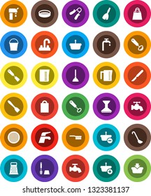 White Solid Icon Set- plunger vector, broom, water tap, fetlock, bucket, car, toilet brush, measuring cup, whisk, spatula, ladle, grater, sieve, hand trainer, scalpel, supply, shopping bag, basket
