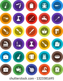 White Solid Icon Set- plunger vector, broom, fetlock, water tap, car, toilet brush, pan, kettle, measuring cup, cook press, spatula, ladle, grater, sieve, case, hand trainer, scalpel, supply, basket