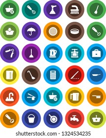 White Solid Icon Set- plunger vector, broom, fetlock, bucket, water tap, pan, kettle, measuring cup, cook press, whisk, ladle, grater, sieve, case, hand trainer, umbrella, scalpel, basket