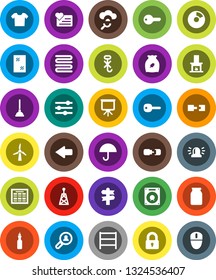 White Solid Icon Set- plunger vector, window cleaning, towel, jar, cereal, oil, schedule, presentation, pie graph, heart monitor, signpost, umbrella, no hook, shelving, antenna, cloud glass, arrow