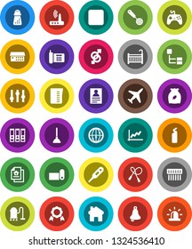 White Solid Icon Set- plunger vector, vacuum cleaner, cleaning agent, measuring cup, skimmer, hand mill, cereal, bell, medal, personal information, graph, binder, jump rope, fitness mat, plane, hub