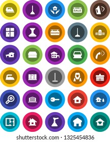 White Solid Icon Set- plunger vector, mop, sponge, car fetlock, iron, steaming, shining window, house hold, cleaner woman, university, school building, home, key, cottage, chalet, plan, rooms, love