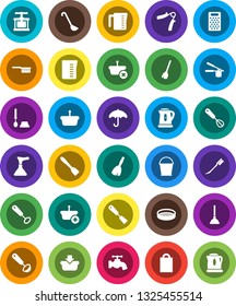 White Solid Icon Set- plunger vector, broom, fetlock, bucket, water tap, car, toilet brush, kettle, measuring cup, cook press, whisk, spatula, ladle, grater, sieve, hand trainer, umbrella, basket
