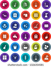 White Solid Icon Set- plunger vector, broom, mop, scoop, rake, bucket, clothespin, towel, water tap, shining, bath, drying clothes, toilet brush, washer, liquid soap, washboard, window, house hold