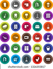 White Solid Icon Set- plunger vector, cleaner trolley, broom, fetlock, mop, scoop, bucket, sponge, trash bin, welcome mat, bath, toilet, drying clothes, washer, shining window, shower, towel, tooth