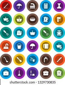 White Solid Icon Set- plunger vector, fetlock, bucket, car, toilet brush, water tap, kettle, measuring cup, cook press, whisk, spatula, ladle, grater, sieve, case, umbrella, scalpel, supply, basket