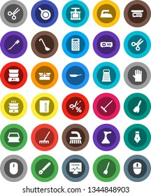 White Solid Icon Set- plunger vector, broom, fetlock, rake, sponge, car, iron, rubber glove, pan, measuring cup, cook press, ladle, grater, double boiler, pen, scissors, diagnostic monitor, coupon