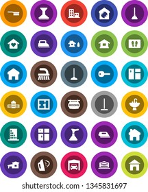 White Solid Icon Set- plunger vector, fetlock, mop, car, window cleaning, welcome mat, steaming, shining, sink, school building, home, key, cottage, chalet, garage, plan, rooms signboard, apartments