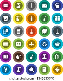 White Solid Icon Set- plunger vector, scraper, broom, vacuum cleaner, mop, scoop, bucket, clothespin, sponge, trash bin, car fetlock, window cleaning, splotch, welcome mat, steaming, foam basin