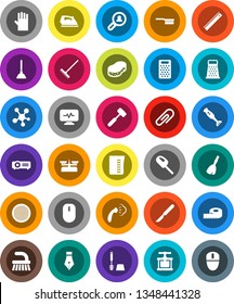 White Solid Icon Set- plunger vector, broom, fetlock, rake, sponge, iron, steaming, toilet brush, rubber glove, measuring cup, cook press, meat hammer, grater, blender, sieve, pen, ruler, scalpel