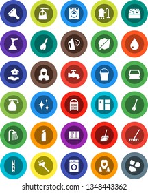 White Solid Icon Set- plunger vector, scraper, broom, vacuum cleaner, scoop, rake, bucket, clothespin, sponge, water drop, tap, shining, window cleaning, splotch, steaming, washer, liquid soap