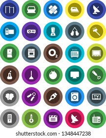 White Solid Icon Set- plunger vector, vacuum cleaner, sponge, iron, whisk, oven, hand trainer, horizontal bar, fitball, boxing glove, oxygen, satellite antenna, cinema clap, tv, hdmi, thermometer