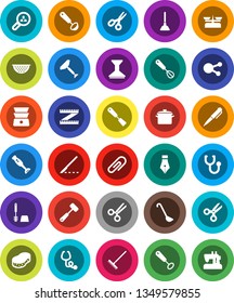 White Solid Icon Set- plunger vector, scraper, rake, sponge, car fetlock, toilet brush, pan, colander, whisk, spatula, ladle, meat hammer, double boiler, blender, pen, scissors, measuring, scalpel