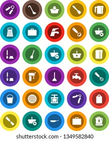 White Solid Icon Set- plunger vector, broom, water tap, bucket, toilet brush, pan, measuring cup, cook press, whisk, spatula, ladle, grater, sieve, case, hand trainer, supply, shopping bag, basket