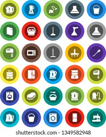 White Solid Icon Set- plunger vector, vacuum cleaner, mop, bucket, sponge, car fetlock, washing powder, kettle, microwave oven, double boiler, fridge, washer, mixer, hood, multi cooker, blender