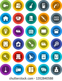 White Solid Icon Set- plunger vector, broom, vacuum cleaner, iron, steaming, skimmer, double boiler, dry cargo, tv, home, search estate, key, relocation truck, smart, building, dishwasher, blender