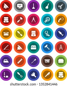 White Solid Icon Set- plunger vector, scraper, broom, sponge, car fetlock, steaming, toilet brush, whisk, spatula, rolling pin, meat hammer, double boiler, blender, ruler, drawing compass, pen, iron