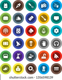 White Solid Icon Set- plunger vector, sponge, washer, rubber glove, water tap, cook press, whisk, spatula, rolling pin, toaster, dish, backpack, flask, oxygen, antenna, headphones, hdmi, patch, gear