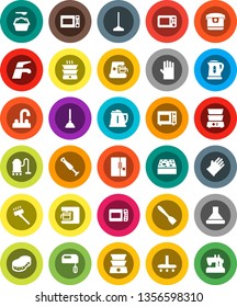 White Solid Icon Set- plunger vector, water tap, vacuum cleaner, mop, sponge, washing powder, rubber glove, kettle, spatula, microwave oven, double boiler, fridge, mixer, coffee maker, hood, blender