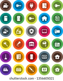 White Solid Icon Set- plunger vector, vacuum cleaner, welcome mat, sink, tv, home, key, garage, estate document, rent signboard, fridge, protect, power plug, iron, mixer, meat grinder, blender