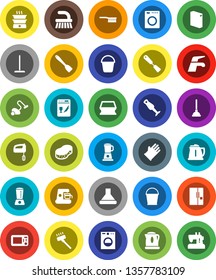 White Solid Icon Set- plunger vector, water tap, vacuum cleaner, fetlock, mop, bucket, sponge, washing powder, rubber glove, kettle, spatula, blender, fridge, washer, dishwasher, mixer, coffee maker