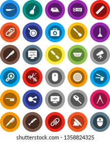 White Solid Icon Set- plunger vector, broom, fetlock, pan, colander, cook press, spatula, rolling pin, sieve, ruler, drawing compass, pen, telescope, first aid kit, social media, diagnostic monitor