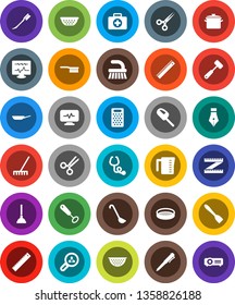 White Solid Icon Set- plunger vector, fetlock, rake, car, pan, colander, measuring cup, whisk, spatula, ladle, meat hammer, grater, sieve, pen, ruler, first aid kit, scissors, stethoscope, projector