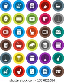 White Solid Icon Set- plunger vector, cleaner trolley, broom, mop, scoop, bucket, sponge, trash bin, window cleaning, welcome mat, bath, toilet, drying clothes, washer, shining, towel, tooth implant