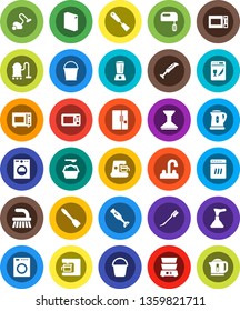 White Solid Icon Set- plunger vector, vacuum cleaner, fetlock, bucket, car, washing powder, water tap, kettle, spatula, microwave oven, double boiler, blender, fridge, washer, dishwasher, mixer