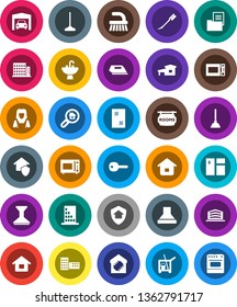 White Solid Icon Set- plunger vector, cleaner trolley, fetlock, mop, car, window cleaning, sink, woman, microwave oven, school building, key, house, cottage, garage, estate document, rooms signboard