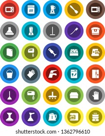 White Solid Icon Set- plunger vector, water tap, vacuum cleaner, mop, bucket, sponge, car fetlock, washing powder, rubber glove, kettle, spatula, microwave oven, blender, fridge, dishwasher, mixer