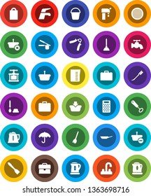 White Solid Icon Set- plunger vector, broom, water tap, bucket, car fetlock, toilet brush, pan, kettle, measuring cup, cook press, whisk, spatula, grater, sieve, case, hand trainer, umbrella, supply