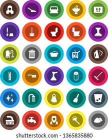 White Solid Icon Set- plunger vector, cleaner trolley, broom, vacuum, fetlock, scoop, rake, clothespin, sponge, towel, trash bin, water tap, car, shining, welcome mat, steaming, toilet, brush, paper