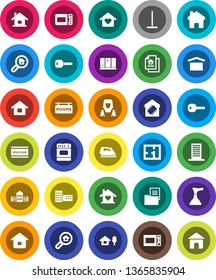 White Solid Icon Set- plunger vector, mop, welcome mat, iron, shining window, cleaner woman, microwave oven, school building, dry cargo, home, key, house, chalet, plan, estate document, search, love