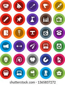White Solid Icon Set- plunger vector, car fetlock, rolling pin, mixer, ruler, notebook pc, magnet, barbell, hand trainer, boxing glove, radio, loudspeaker, equalizer, classic phone, thumbtack, table