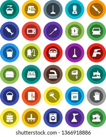 White Solid Icon Set- plunger vector, water tap, vacuum cleaner, fetlock, mop, bucket, sponge, car, washing powder, rubber glove, blender, fridge, washer, dishwasher, mixer, coffee maker, kettle