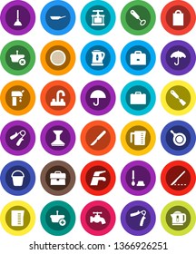 White Solid Icon Set- plunger vector, water tap, bucket, car fetlock, toilet brush, pan, kettle, measuring cup, cook press, whisk, spatula, sieve, case, hand trainer, umbrella, scalpel, supply