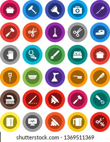 White Solid Icon Set- plunger vector, scraper, fetlock, sponge, car, rubber glove, pan, colander, measuring cup, whisk, rolling pin, meat hammer, pen, first aid kit, crutches, scissors, scalpel